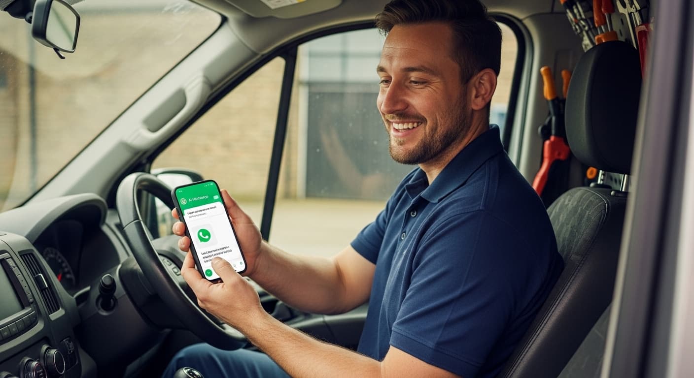 Tradesperson in work van using WhatsApp AI assistant